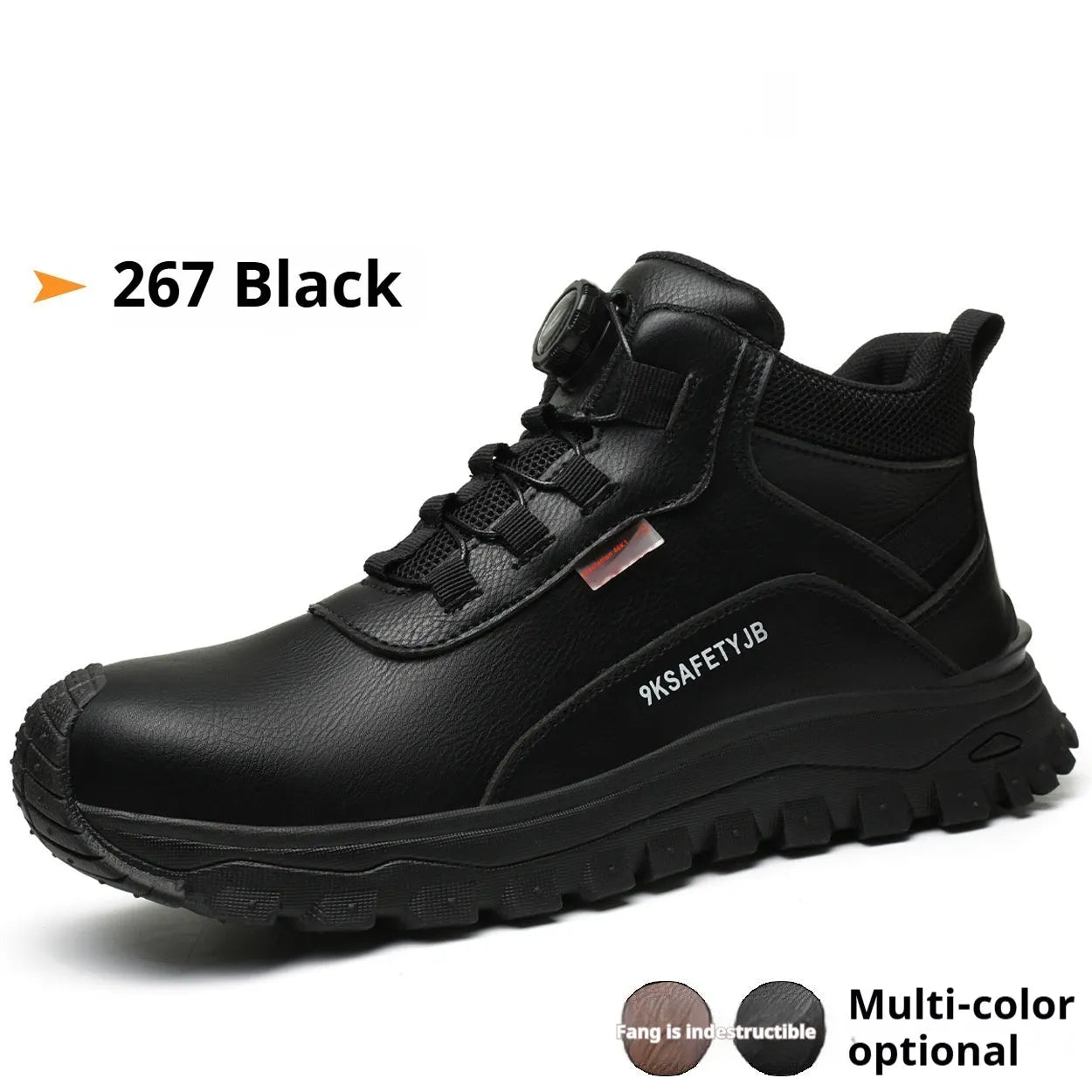 Men's black leather work safety shoes with rubber soles on a grey background