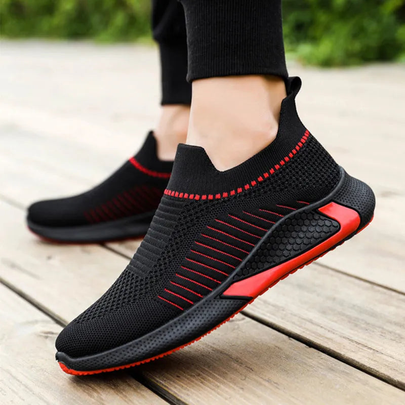 Men's striped mesh sock shoes with Flyknit upper and front lace-up closure in black, black white, or white colours
