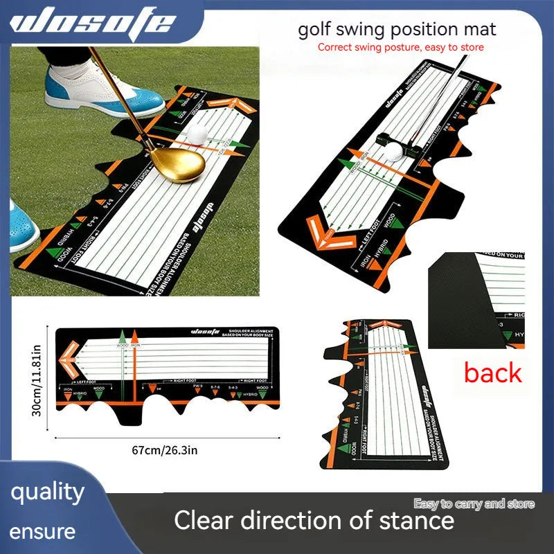 Black neoprene golf swing posture correction mat for stance alignment practice.