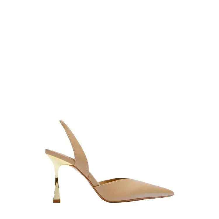 Women's patent leather pointed high heels in apricot nude and black with shallow-cut vamp