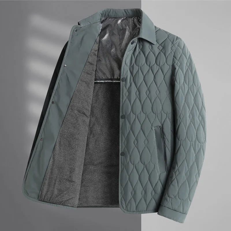 Men's lightweight diamond lattice cotton-padded coat in black, front view, regular fit