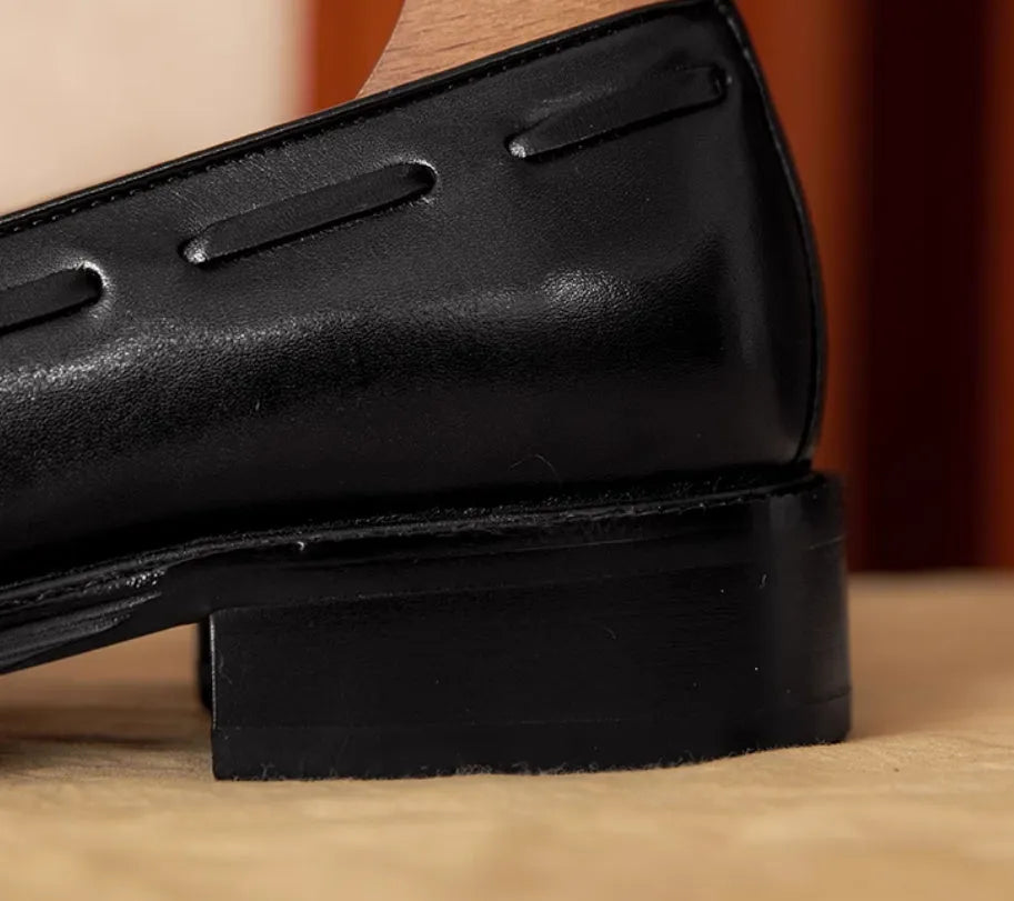Men's genuine leather slip-on loafers with fringed detailing in black or brown