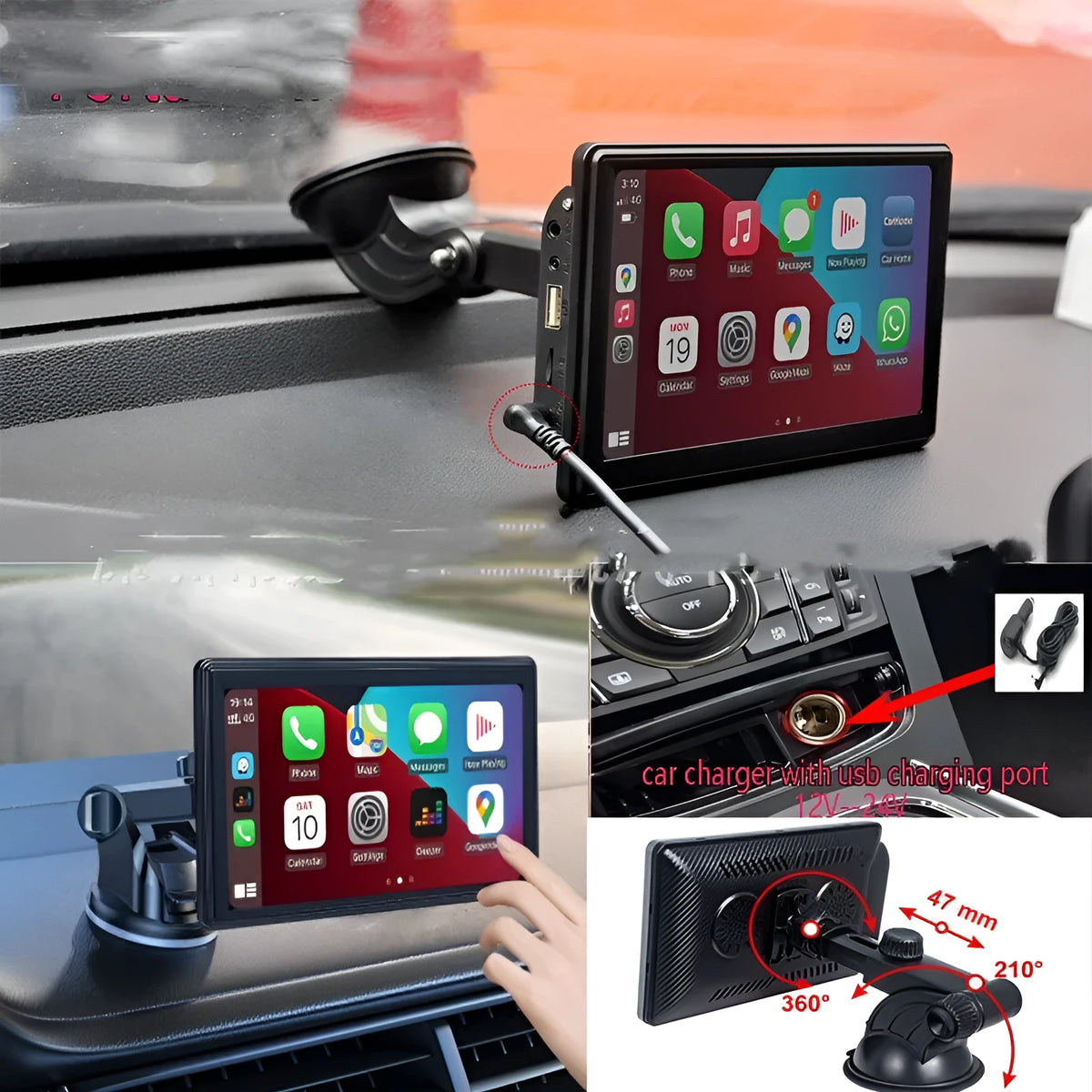 Portable 7 inch IPS car smart screen with wireless projection, CarPlay, and Android Auto, 12V external navigator