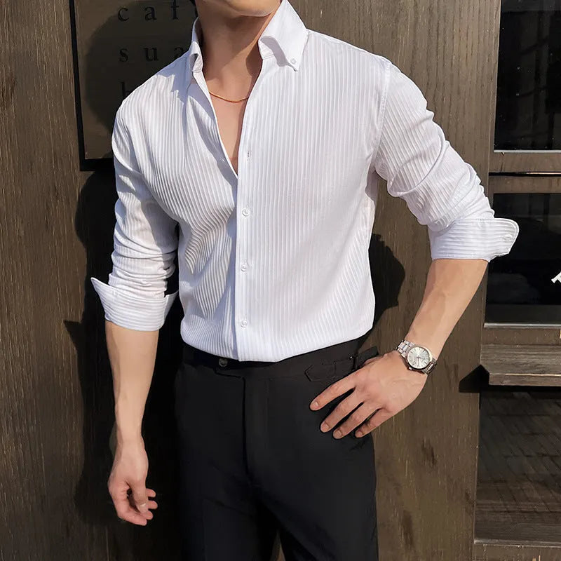 Men's dark striped V-neck long sleeve shirt in polyester blend fabric for spring and autumn wear