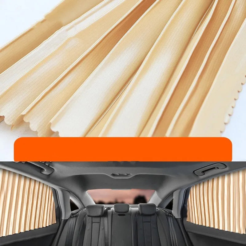 Auto-retractable car sunshade curtain in thick opaque cloth material showing roller shutter mechanism