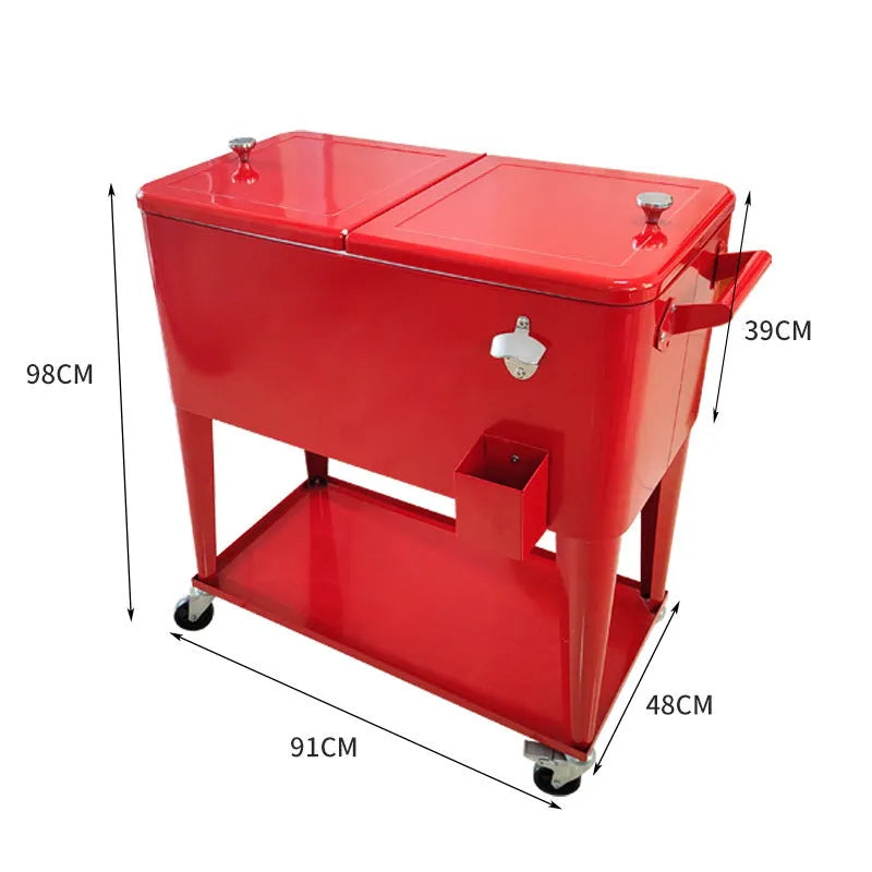 Red insulated metal trolley with wheels for outdoor food and drink transport