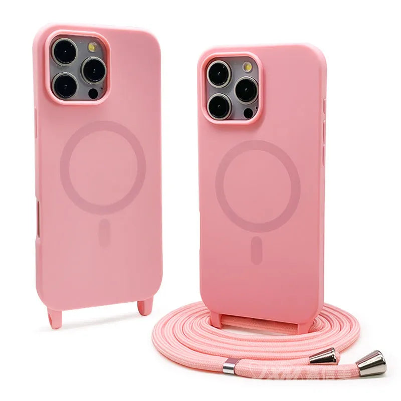Magnetic lanyard phone case in black with crossbody strap and frosted TPU finish for iPhone models.