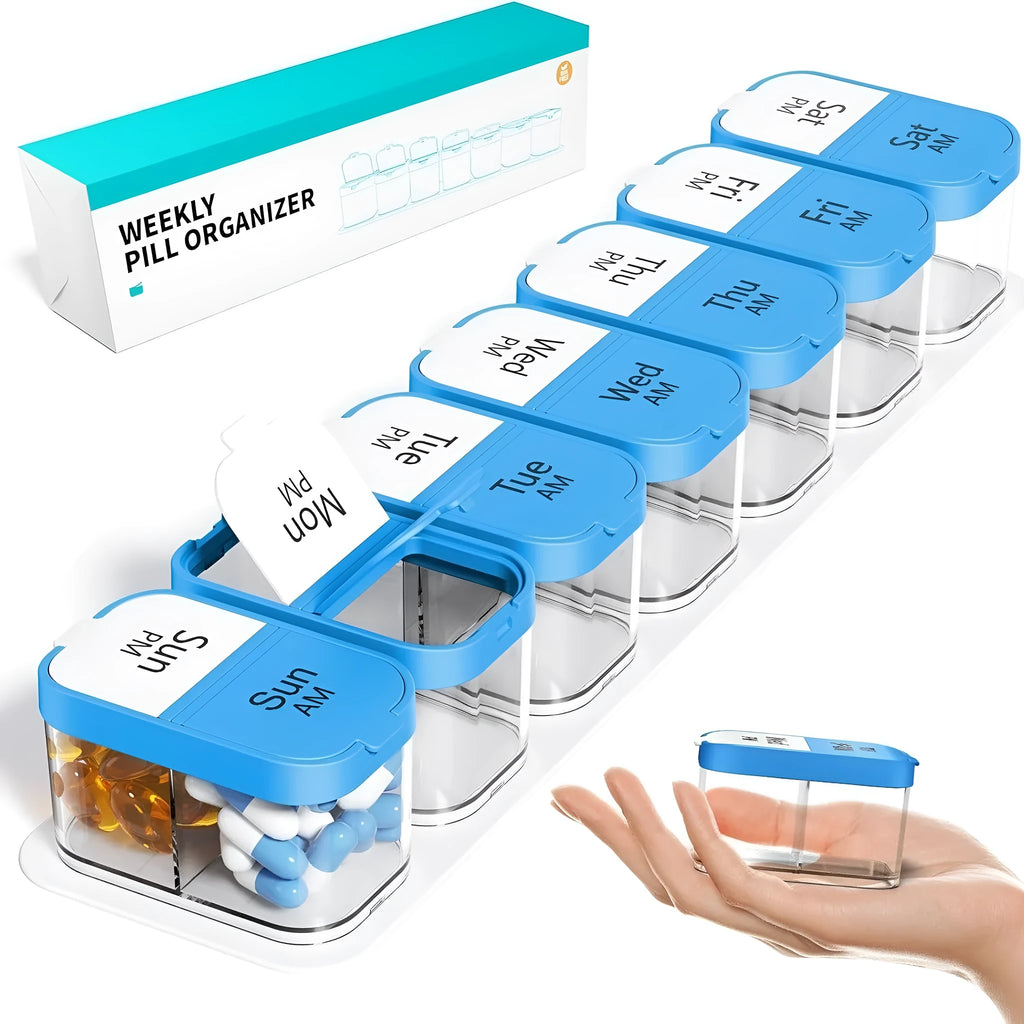 Extra large portable pill dispenser with 14 removable compartments in rainbow colour