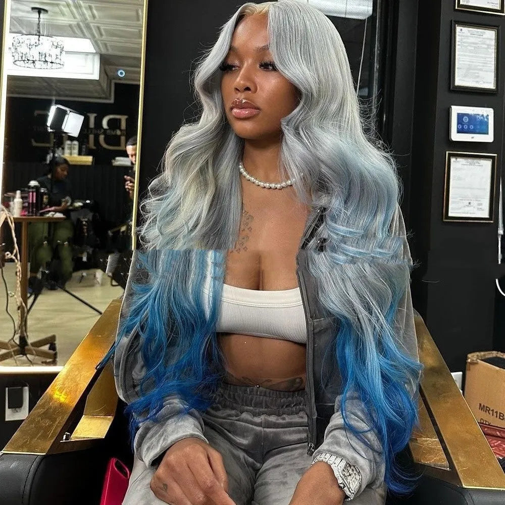 Grey-blue gradient human hair wig with Swiss lace front on display stand