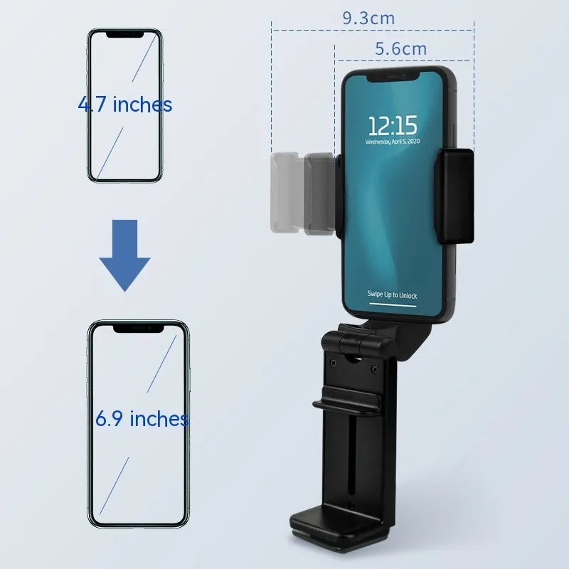 Black ABS foldable mobile phone holder with 360 degree rotation, universal style, for travel and desk use.
