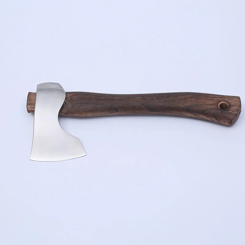 Camping axe with high carbon steel head and wooden handle on a neutral background.