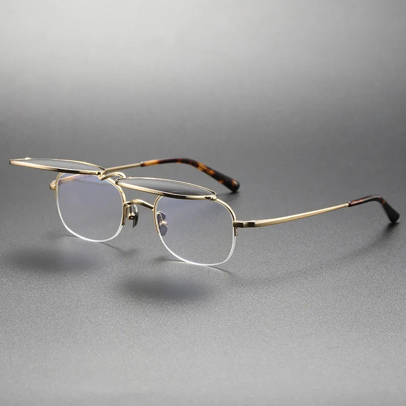 Men's flip-up polarized sunglasses with pure titanium frame in gold, silver, or bronze, black and grey AC lenses, retro box shape.