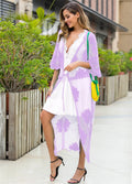 Light purple beach cardigan with lace embroidery, shown as a swimsuit cover-up.