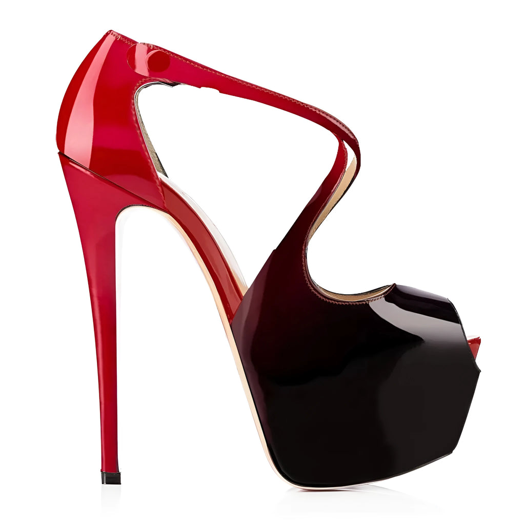 Black and red peep toe women's high heels with cross straps and super high 8cm+ rubber soles