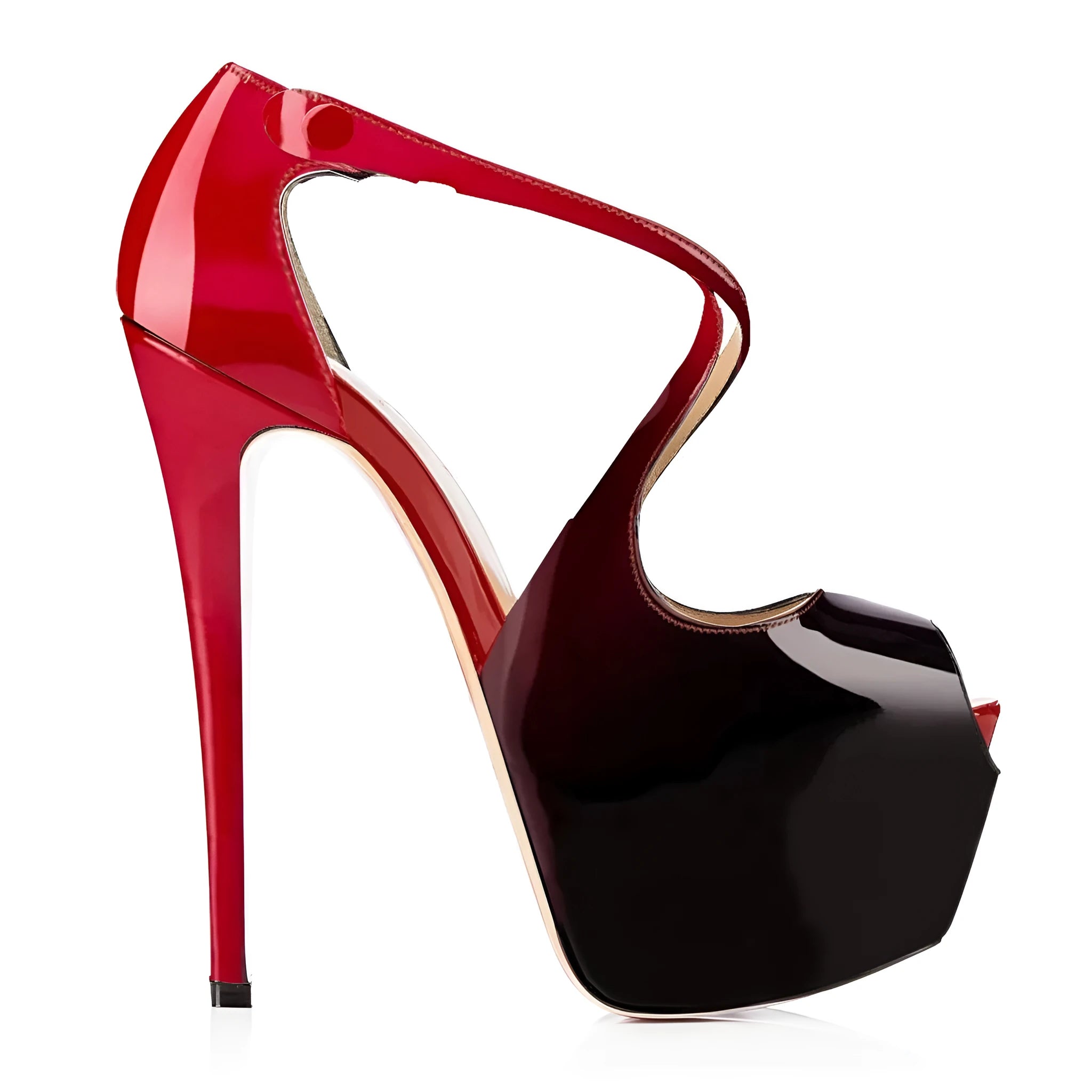 Black and red peep toe women's high heels with cross straps and super high 8cm+ rubber soles