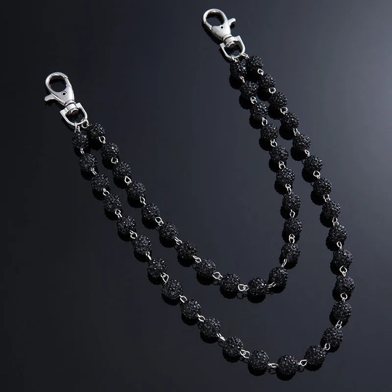 Alloy hip hop waist chain with diamond ball zipper detail, 115cm length, black colour option on display