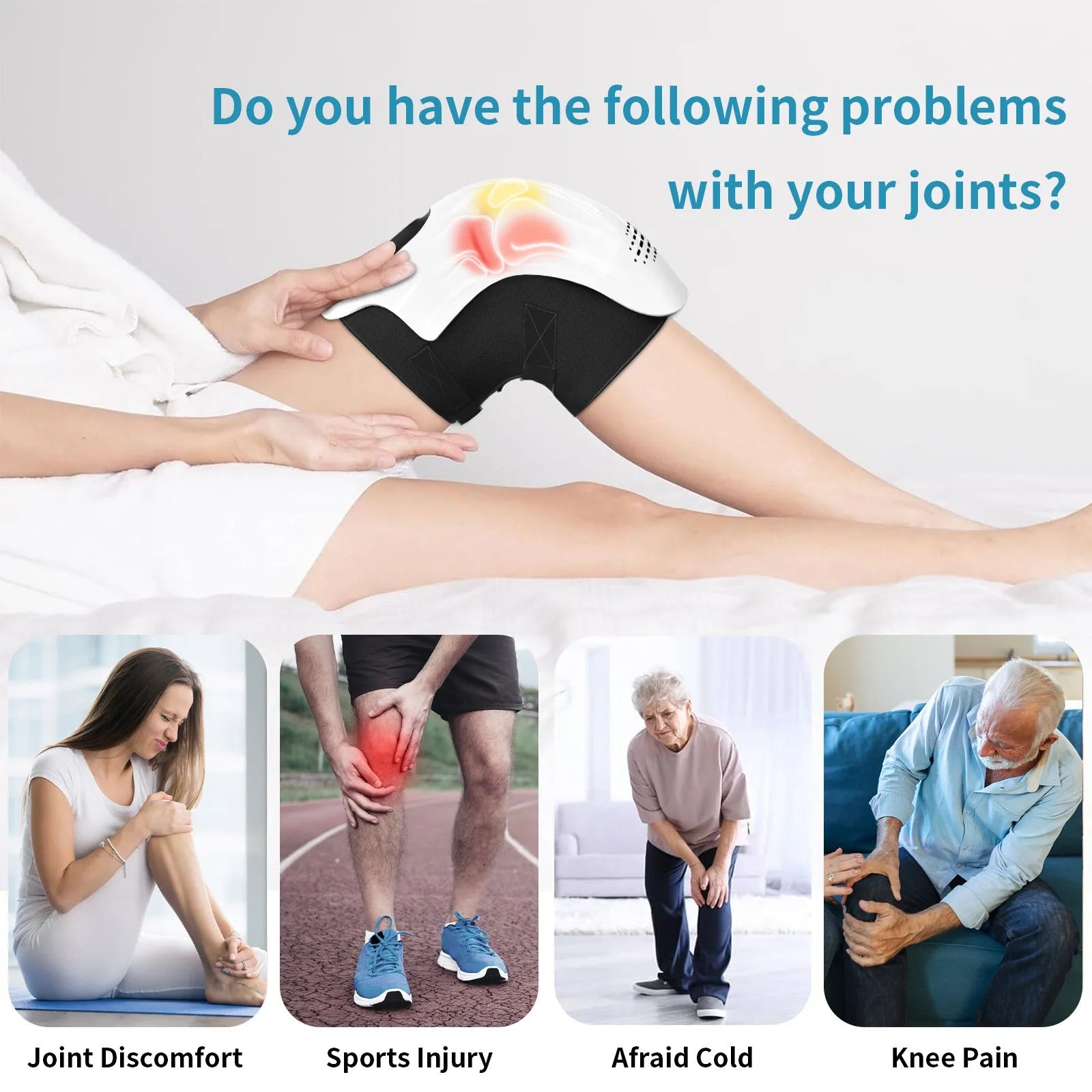 Rechargeable electric knee massager in white or wood colour with USB charging cable