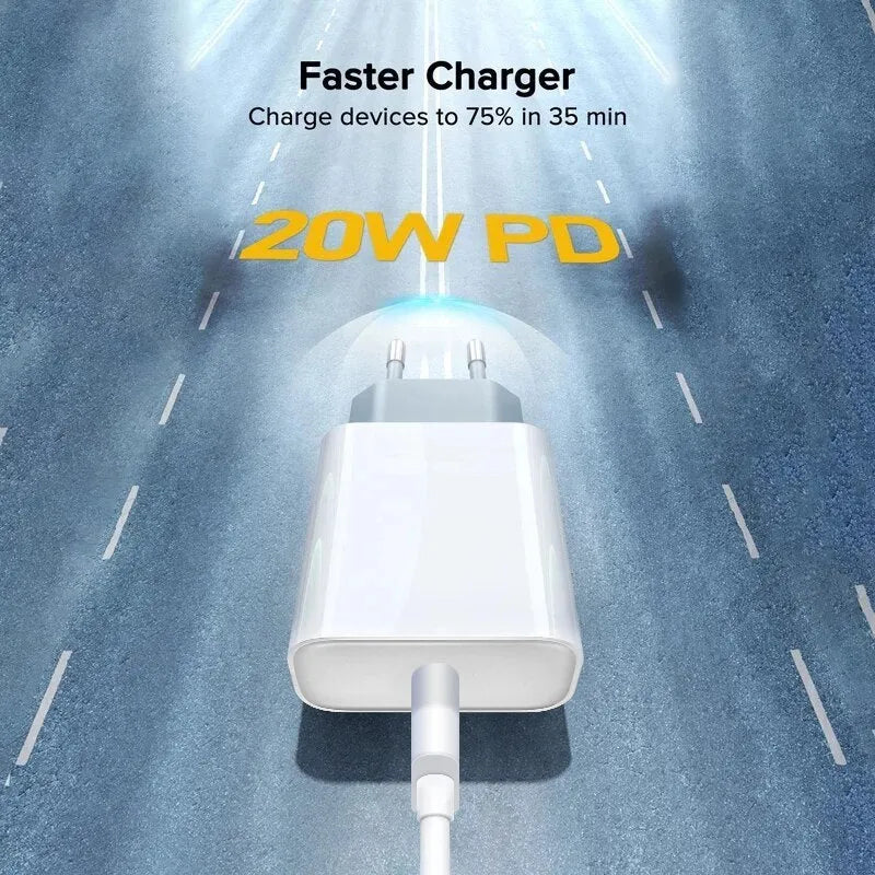 White 20W USB-C PD wall charger with UK three-pin plug.