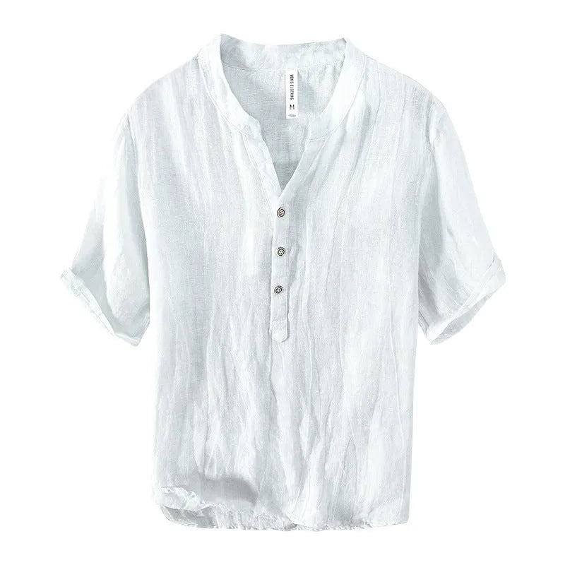 Solid colour linen pullover top with short sleeves shown in grey, khaki and white colour options