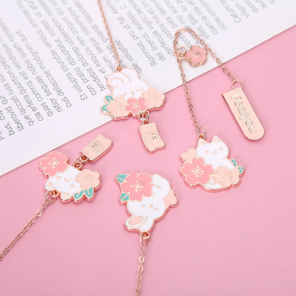 Metal pendant bookmark with cherry blossom cartoon cat design for books and journals