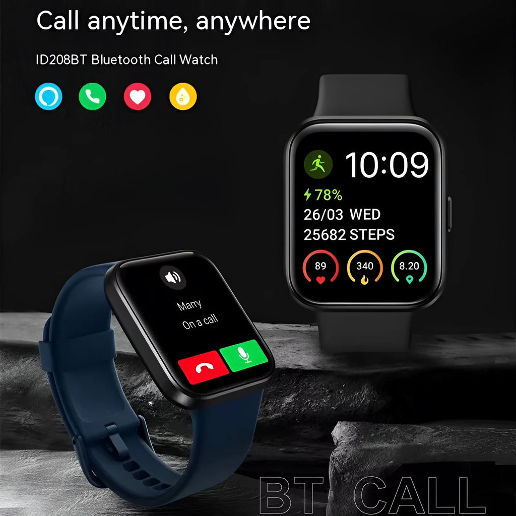 Smart watch with Bluetooth calling on wrist, showing colour options: black, pink, blue, and green.