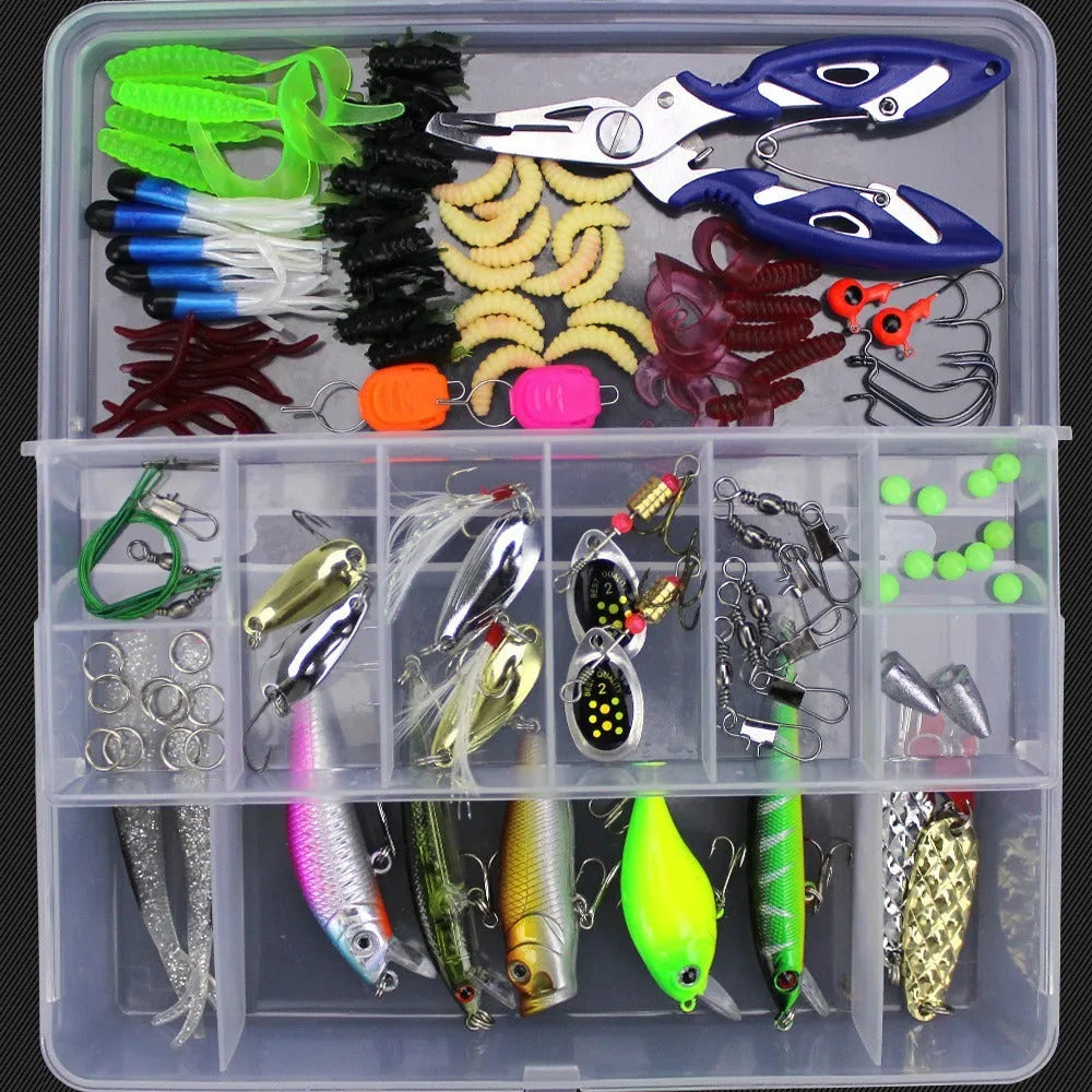 Fishing lure suit with PP plastic box containing multiple artificial baits in compartmentalised storage