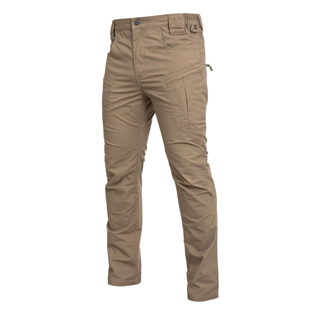 Loose multi-pocket durable men's cargo pants in cotton blend, khaki colour, plain pattern