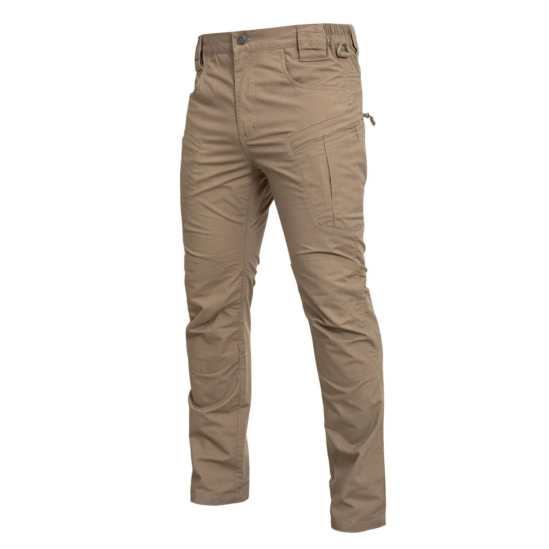 Loose multi-pocket durable men's cargo pants in cotton blend, khaki colour, plain pattern