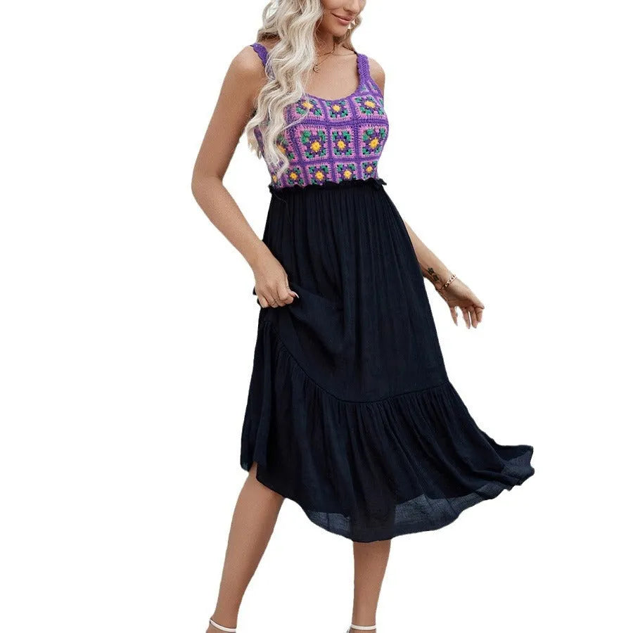 Purple sleeveless dress with hand-hooked flower stitching on cotton blend fabric, free size for women