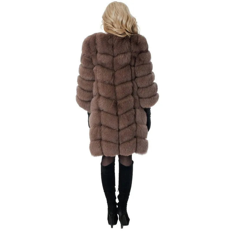 Women's long artificial fur coat in wine red colour, showing regular sleeves and a full-length design.