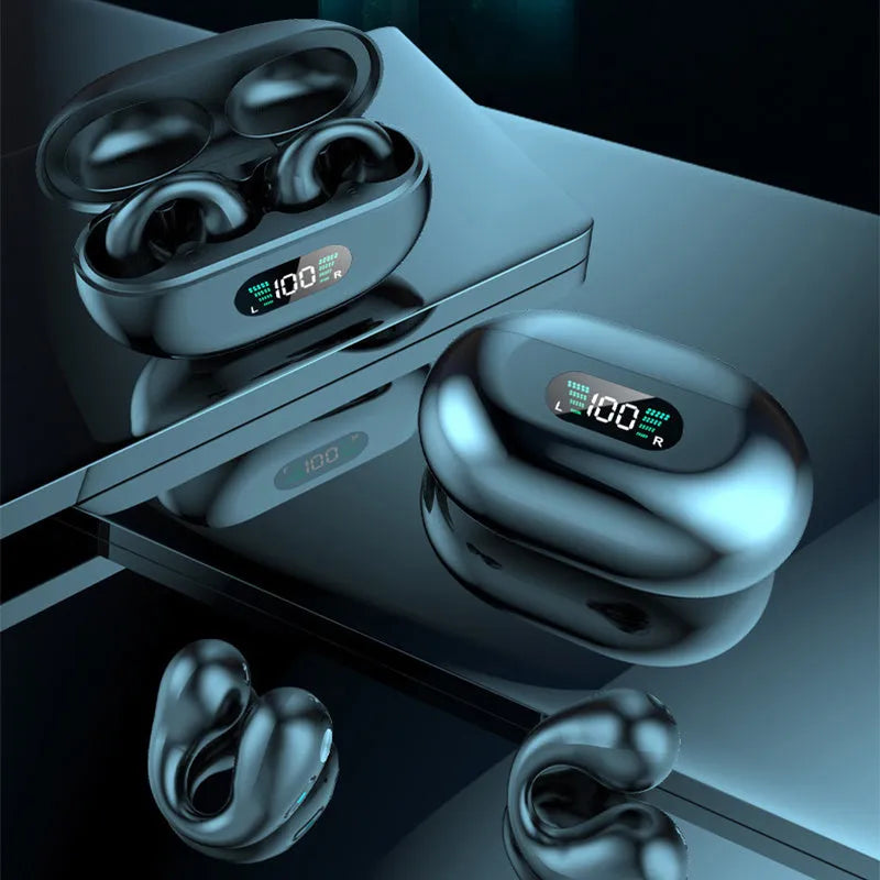 Clip-on bone conduction Bluetooth wireless headset in black, white, and khaki colour options.