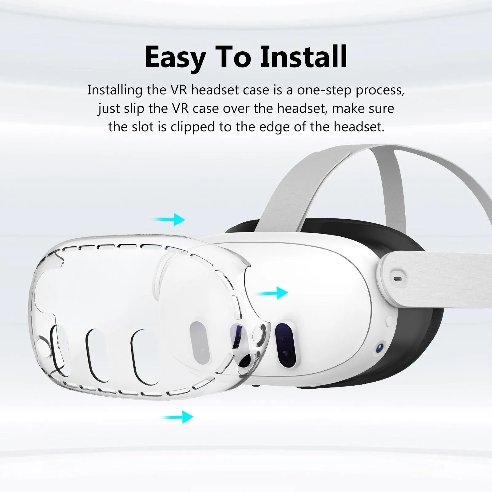 Transparent PC protective case for VR glasses with silicone edges on a white background