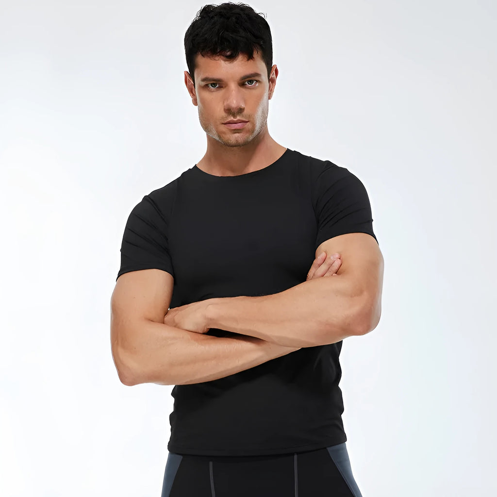 Men's solid colour short-sleeved fitness training t-shirt on a white background.