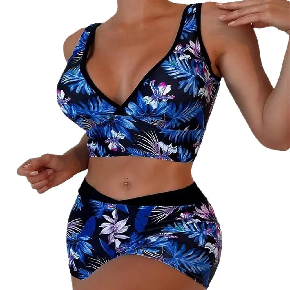 Women's two-piece printed boxer briefs swimsuit set in a multi-colour design