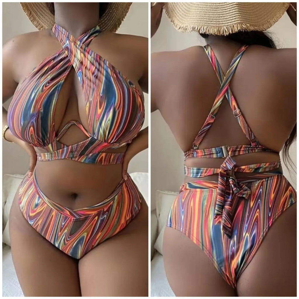 Women's floral high waist bikini swimsuit in plus sizes for swimming activities