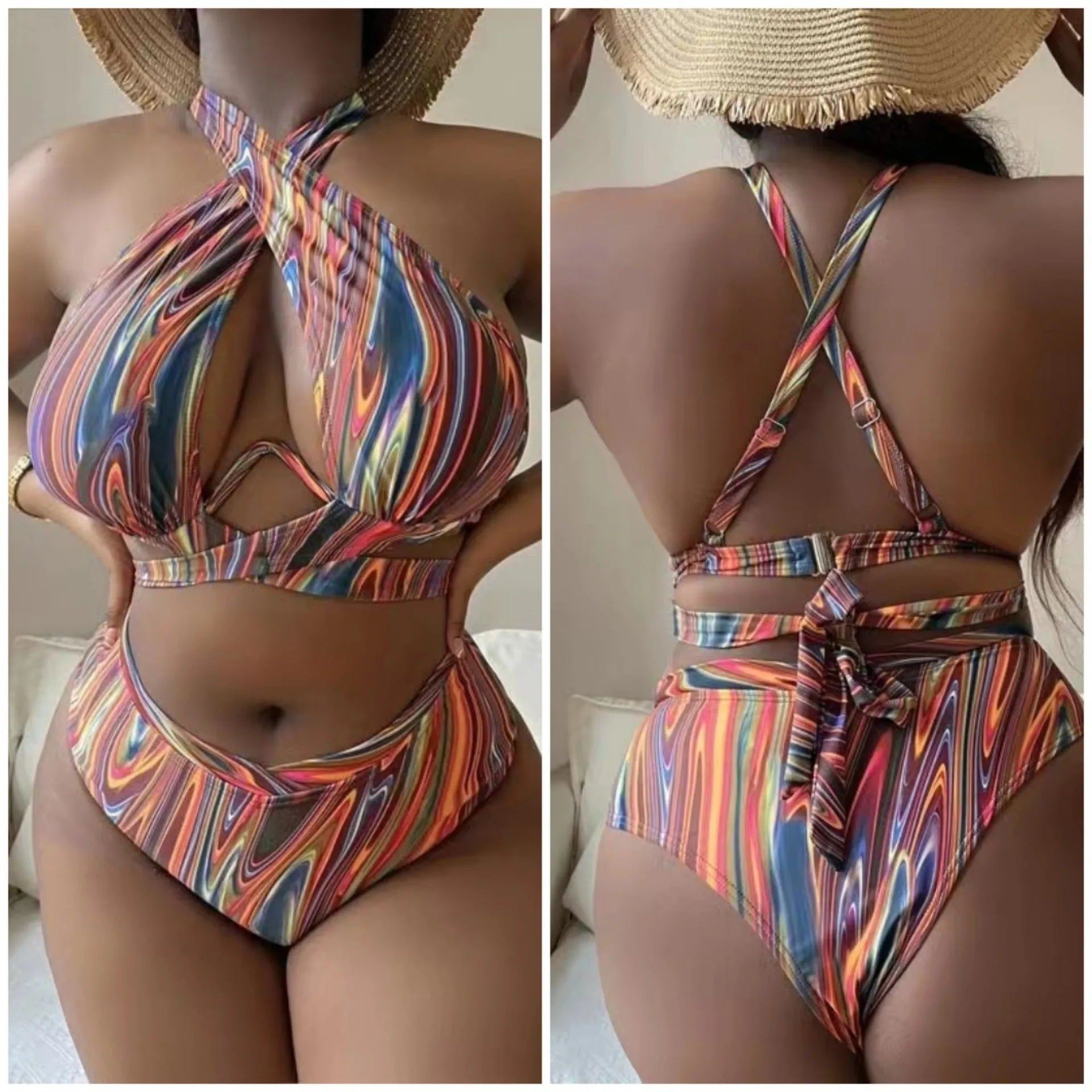 Women's floral high waist bikini swimsuit in plus sizes for swimming activities