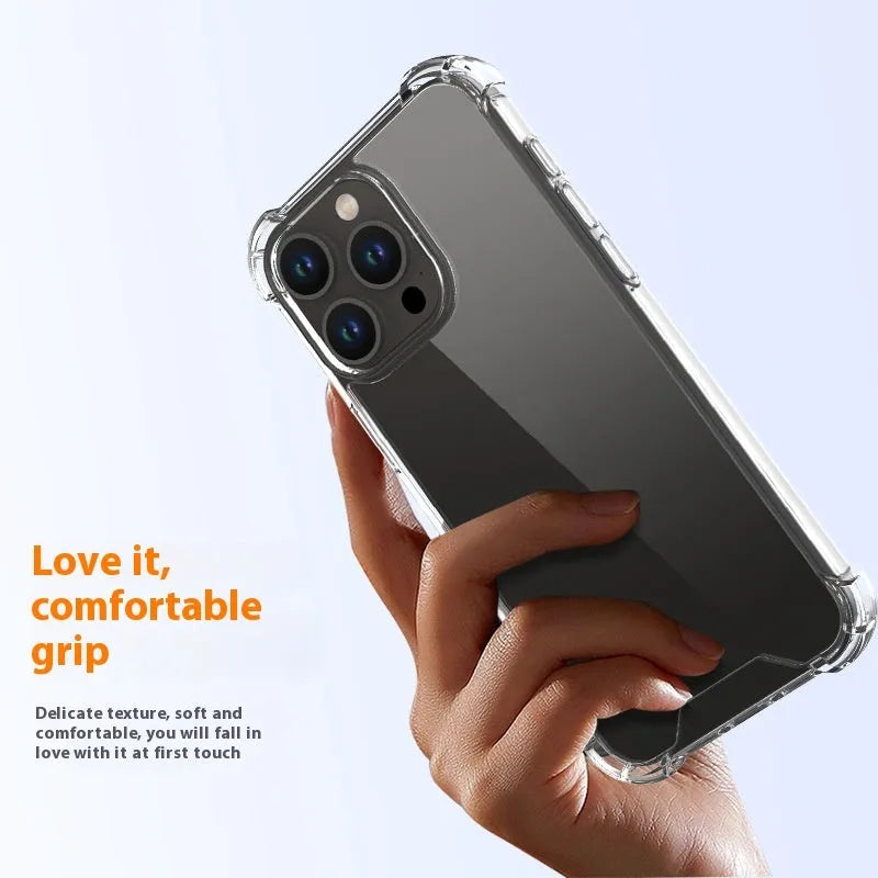 Transparent anti-fingerprint phone case for iPhone 15 with airbag corners on a white background