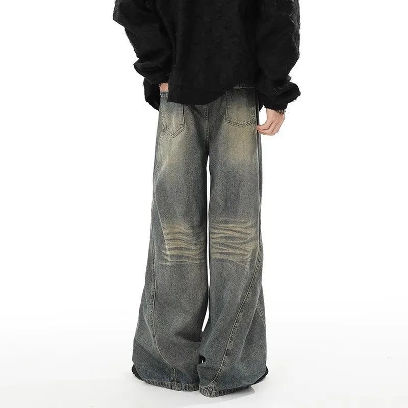 Blue washed distressed stitching straight loose wide-leg jeans for men, cotton denim, mid waist
