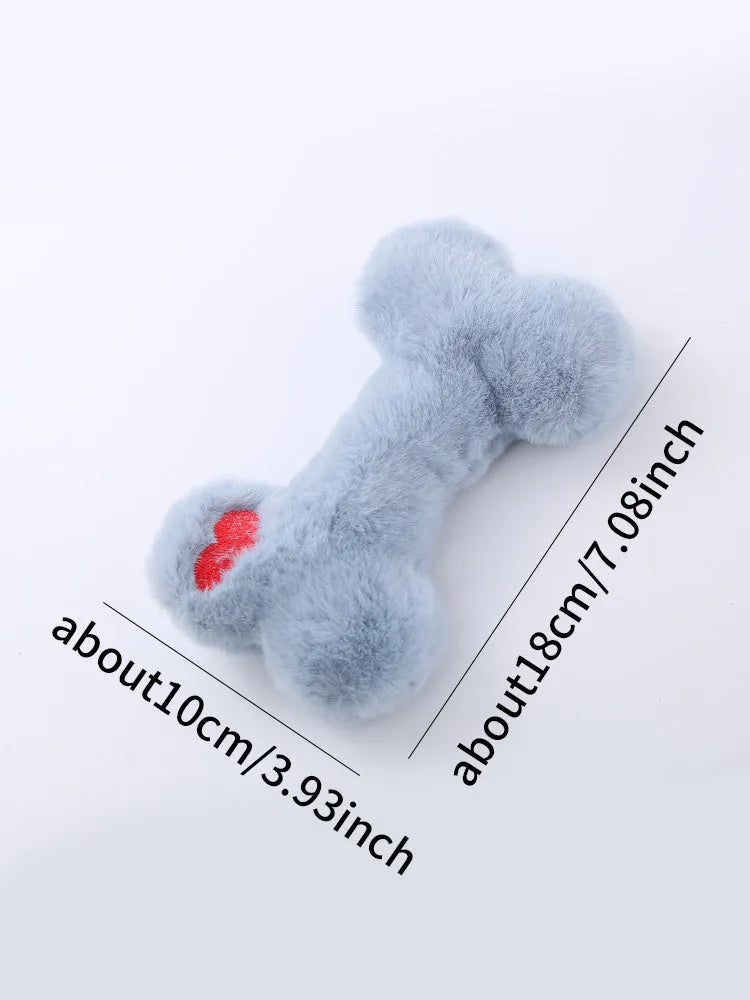 Blue bone-shaped plush dog toy with squeaker for interactive play and chewing.
