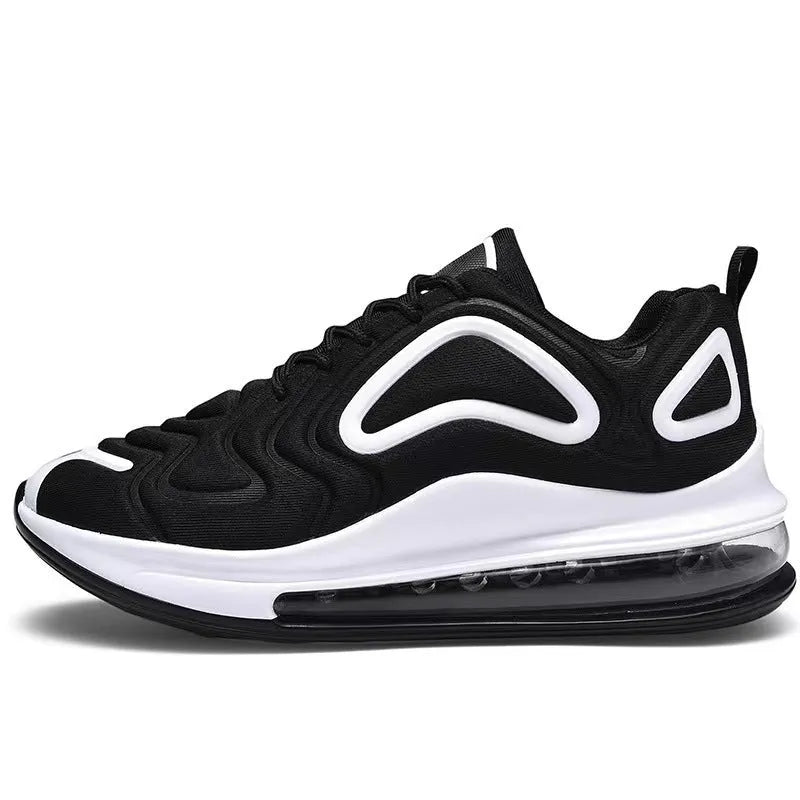 Men's black casual air cushion sneakers with lace-up front and thick sole.