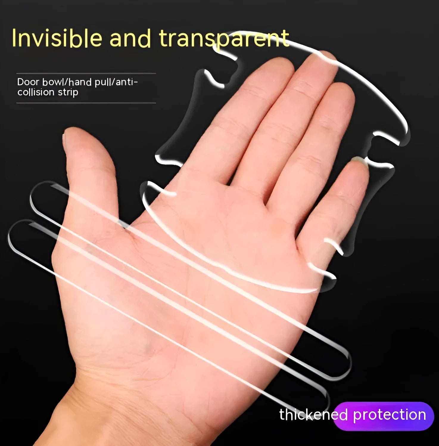 Transparent 3D adhesive protectors for car door handle bowls in a 4-piece set.