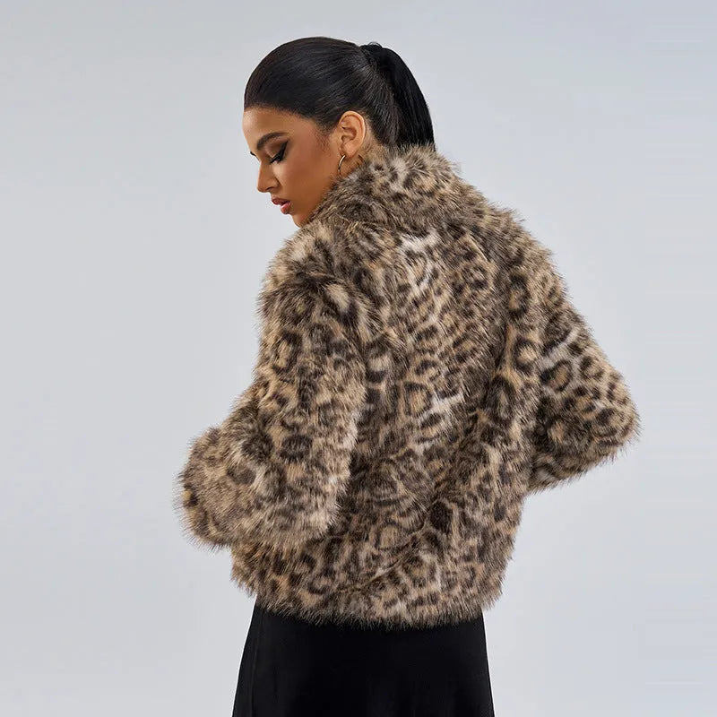 Women's leopard print coat with buckle lapel closure in street fashion style