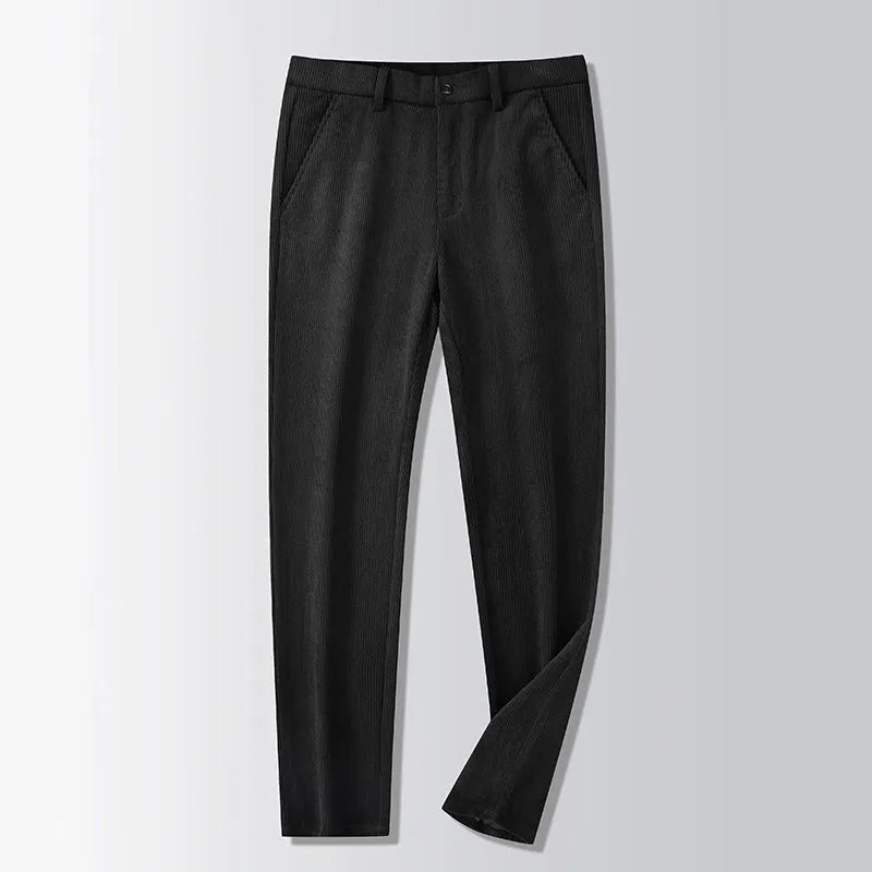 Men's British retro-style long straight striped pants in a chemical fibre blend, shown with a zip fly.