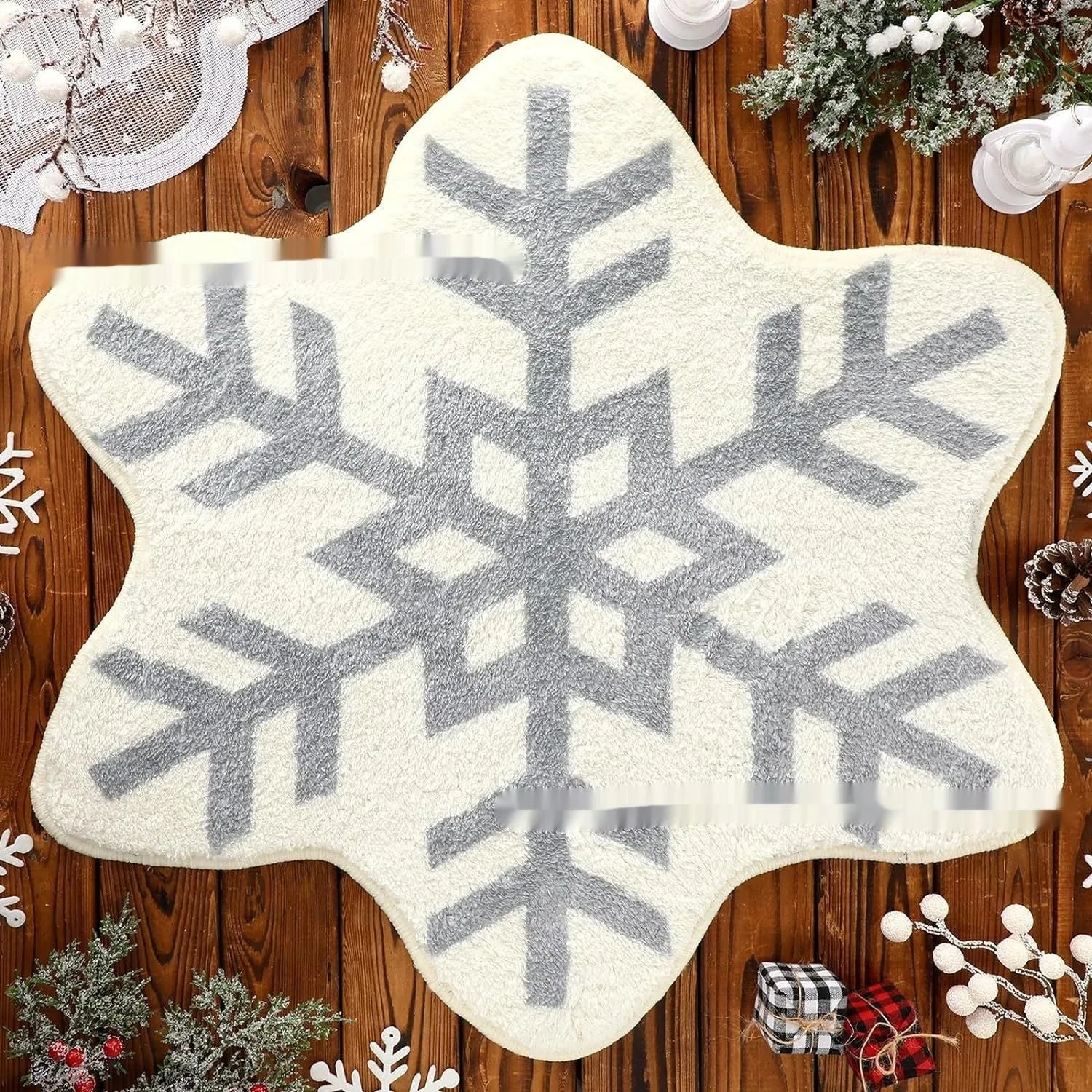Christmas round carpet with festive printed design on soft polyester fibre, square size option shown.