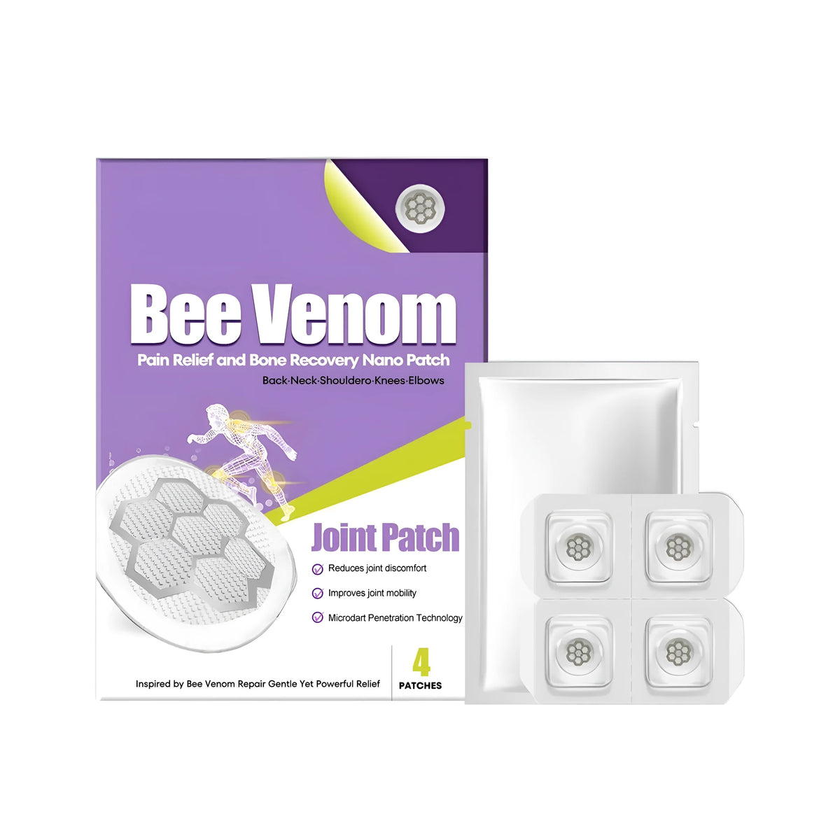 Pack of 4 joint soothing patches with bee venom and mint leaves, isolated on white background
