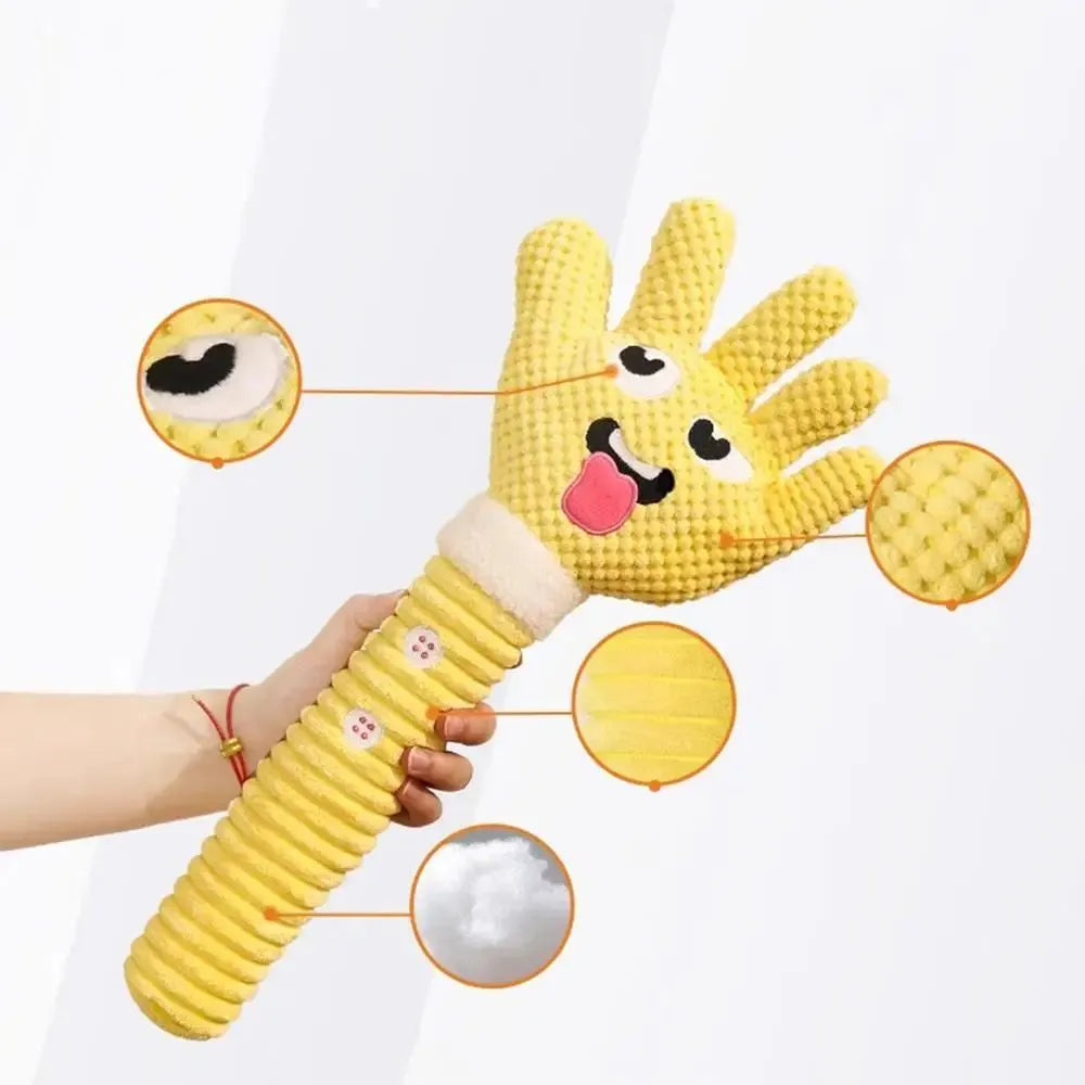 Yellow palm-shaped squeaky plush dog teething toy with bite-resistant fabric for puppy chewing relief