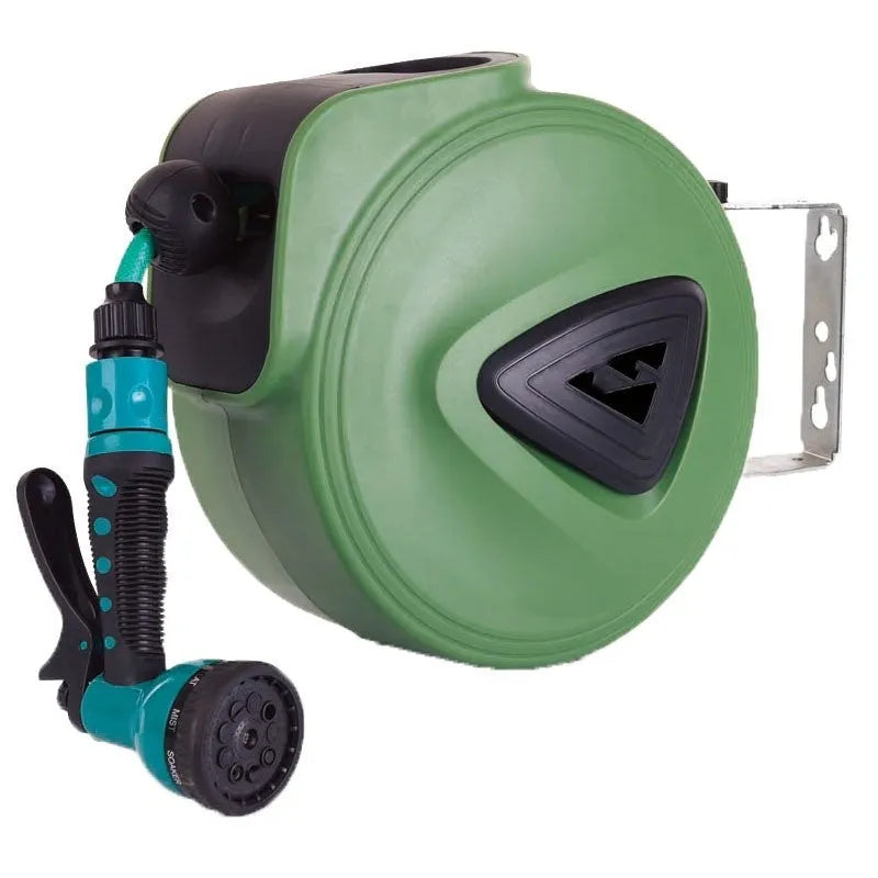 Automatic retractable hose reel with 10 metre PVC water pipe in compact drum housing for car washing and gardening