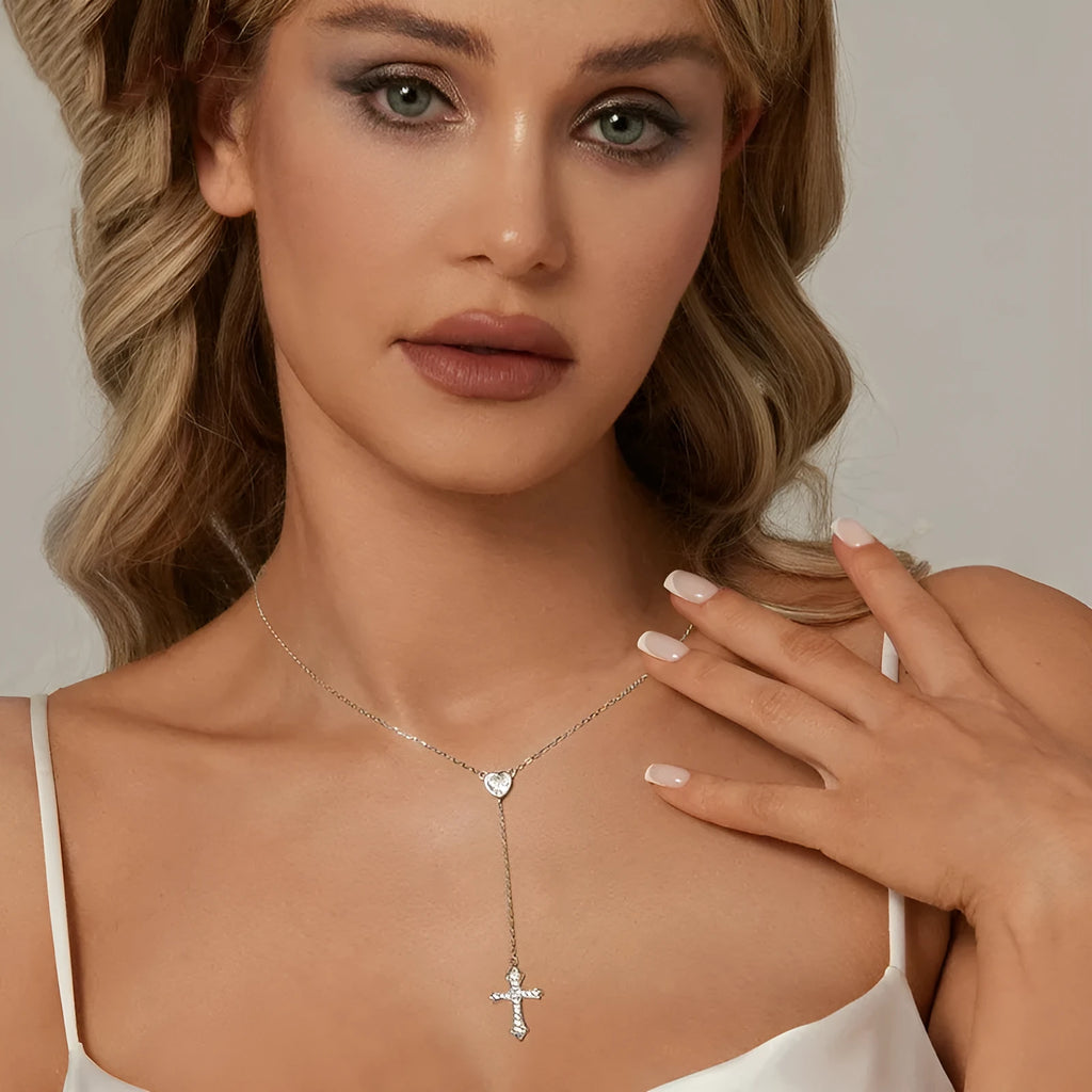 Women's 925 silver cross pendant necklace on an adjustable O-ring chain, antique silver finish.
