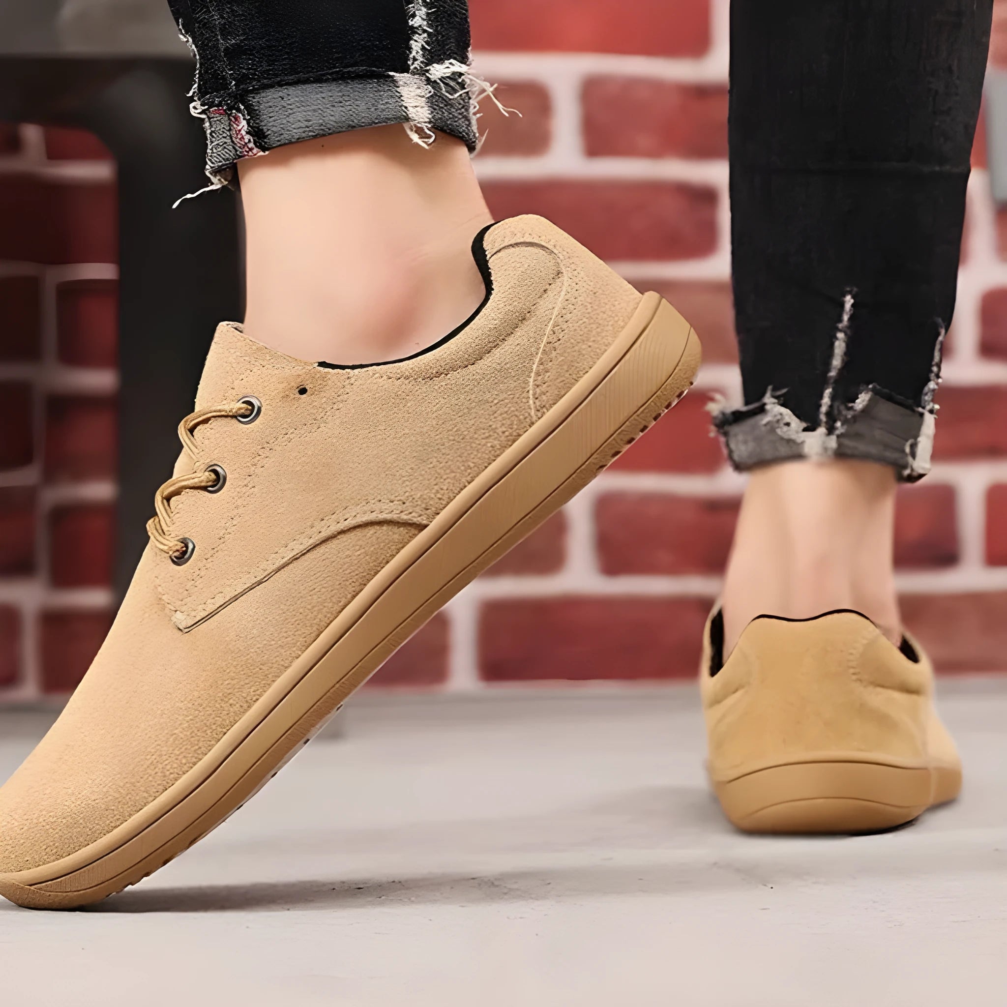 Men's suede large size casual flat shoes in black with stitching detail and rubber sole, size 42 shown