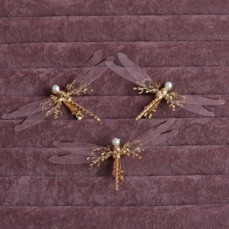 Golden dragonfly shaped side clip headdress for women with electroplated finish